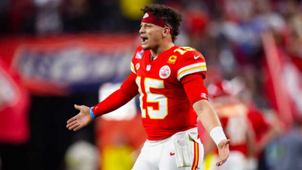 Patrick Mahomes reacts during the Super Bowl.